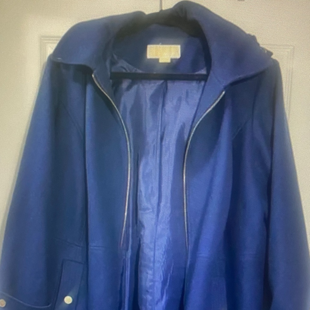 Michael Kors Navy Blue Wool Blend Hooded Coat Gold Hardware